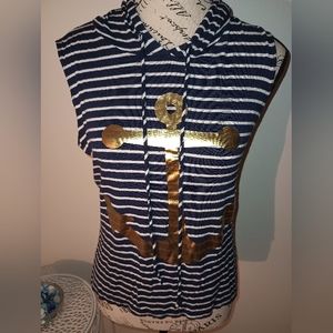 Women's Free Kisses Navy and White Striped Sleeveless Hoodie Size Medium